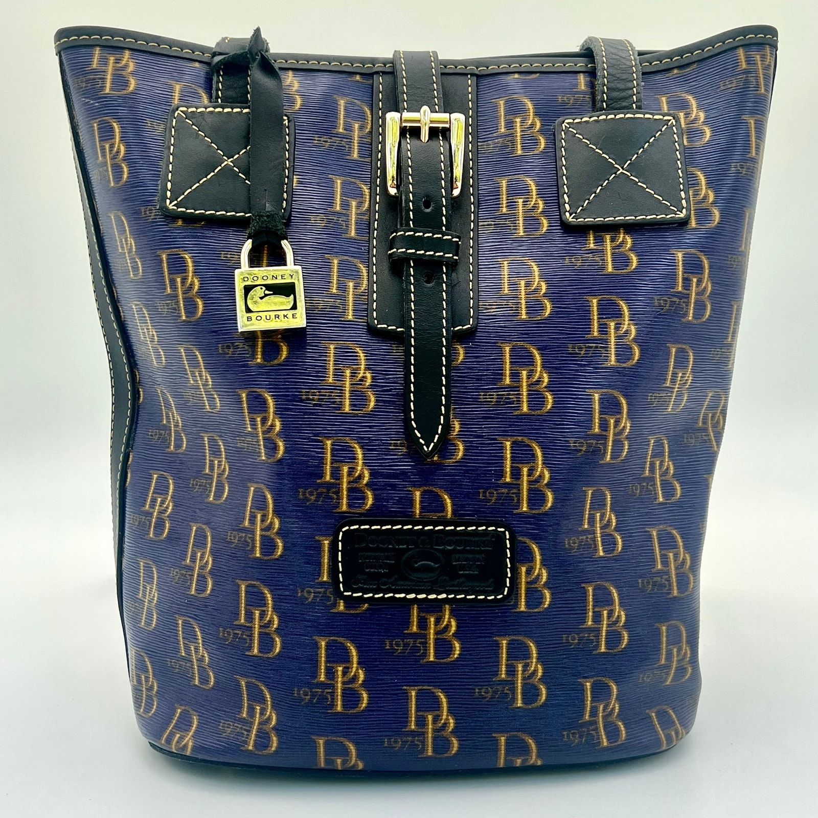 Vintage Dooney & Bourke Db 1975 Monogram Bucket Bag Blue Awl Shoulder Purse Y2k
